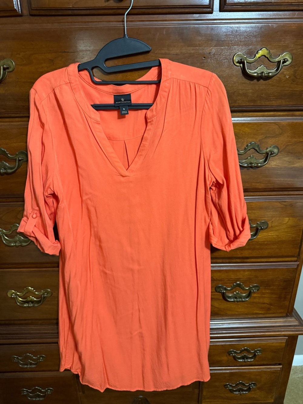 Worthington Coral Orange V-Neck Roll-Sleeve Tunic Dress